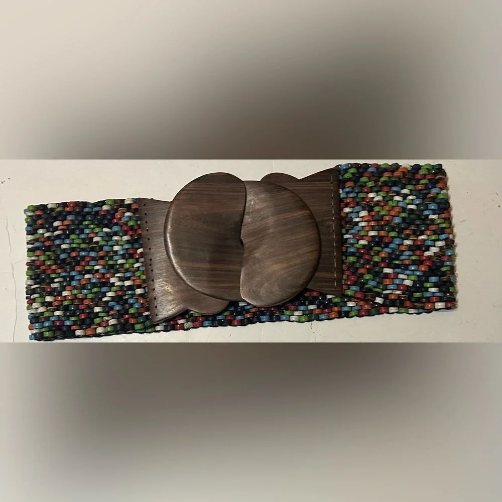 Vtg belt stretchy 2.5" wide brown Teal Green beads wooden closure Retro XL